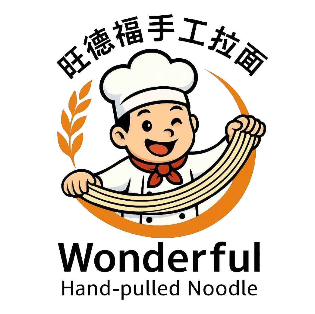 Logo of Wonderful Hand - pulled Noodle. At the center, there is a cartoon chef wearing a chef hat and a red neckerchief, showing the process of making hand - pulled noodles. Above the chef, the Chinese characters ‘旺德福手工拉面’ are displayed, and below, the English ‘Wonderful Hand - pulled Noodle’ is written. It conveys the brand and the vitality of hand - made noodles."